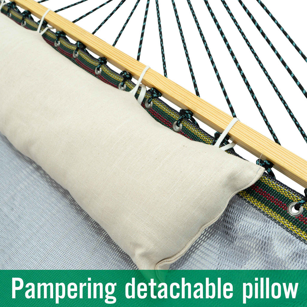 Detachable hammock pillow on light fabric hammock bed with woven suspension straps