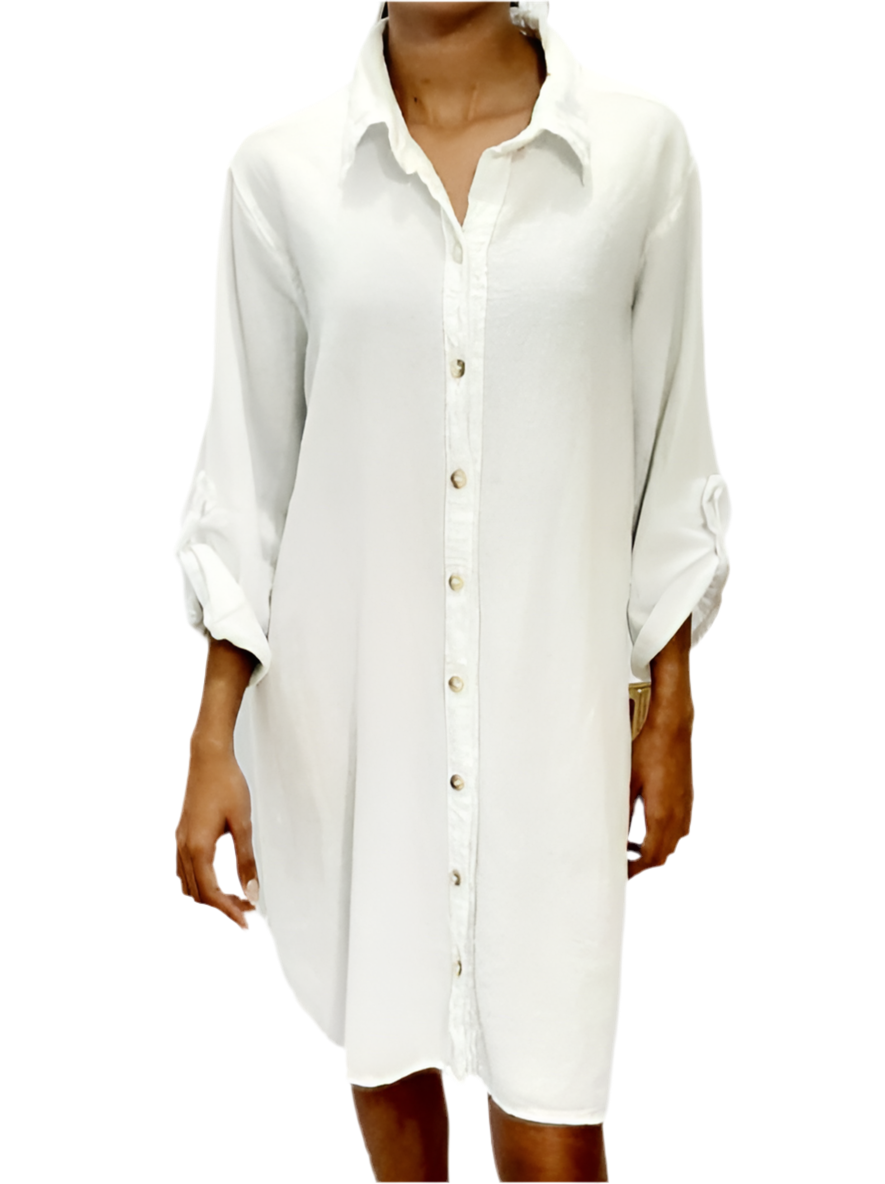 White cotton gauze tunic with pointed collar, button front, and rolled 3/4 sleeves