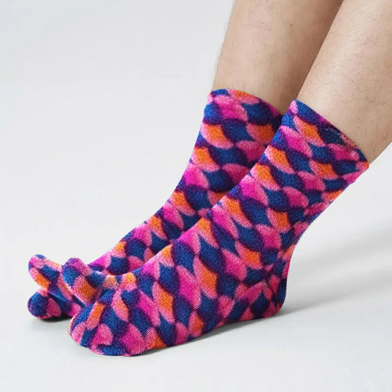 Polar Feet fleece tabi socks with multicolor geometric diamond pattern, pink blue orange.