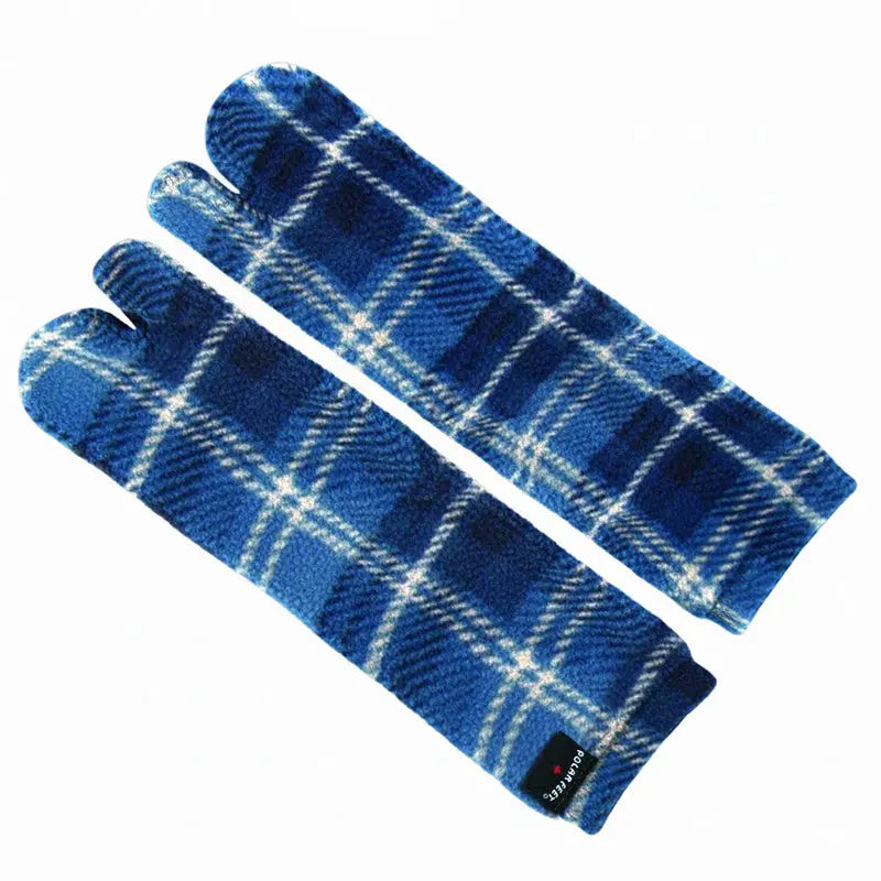 Blue plaid fleece tabi socks laid flat, showing split toes and elastic cuff