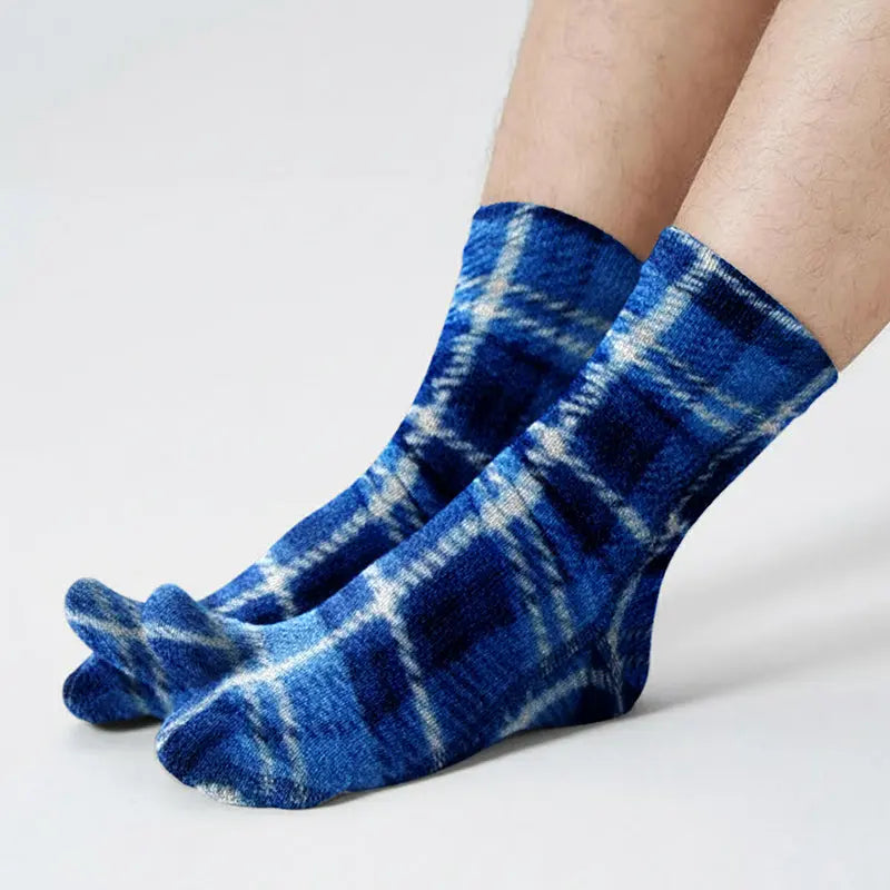 Fleece tabi socks in blue plaid, with toe-separation and ribbed cuffs