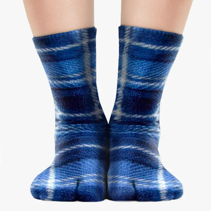 Pair of blue plaid tabi fleece socks, showing split-toe design and cuffs