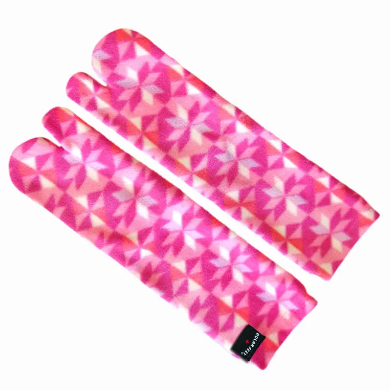 Folded fleece tabi socks in magenta and pink geometric pattern with Polar Feet tag