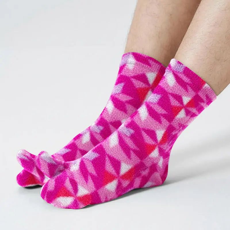 Kaleidoscope fleece tabi socks in magenta and pink geometric triangles, two-toe design