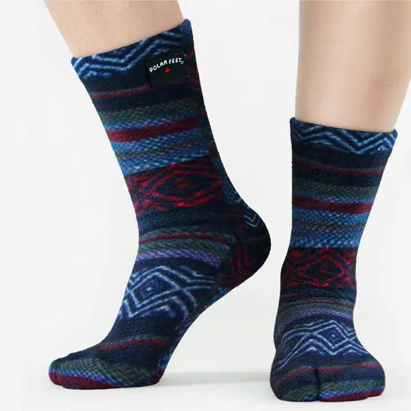 Fleece tabi socks with split toe, dark blue and multicolor geometric stripes; logo