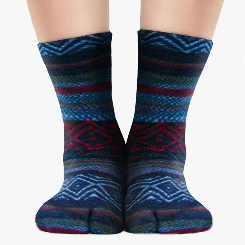 Fleece tabi socks, dark blue with multicolor stripes and geometric pattern at cuffs