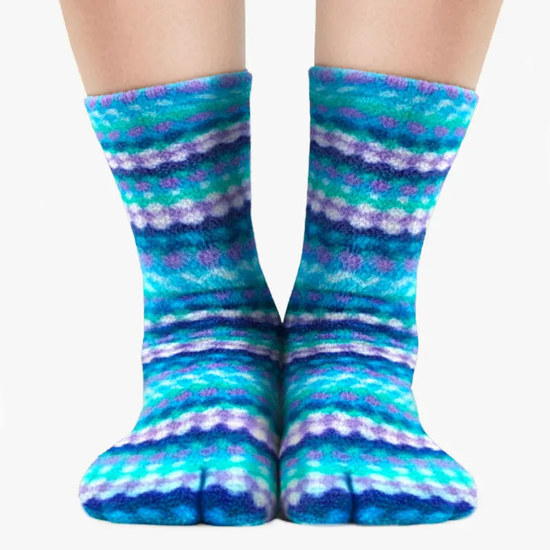 Pair of fleece tabi socks, teal and purple ripple stripes with toe seams