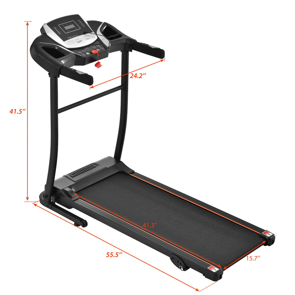 Black and silver folding treadmill with console control panel and labeled dimensions