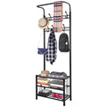 Black metal entryway hall tree with 3-tier shoe shelf and multiple coat hooks