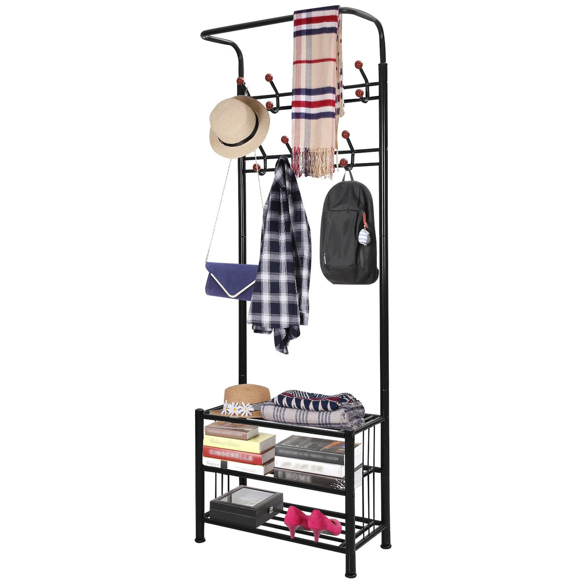 Black metal entryway hall tree with 3-tier shoe shelf and multiple coat hooks