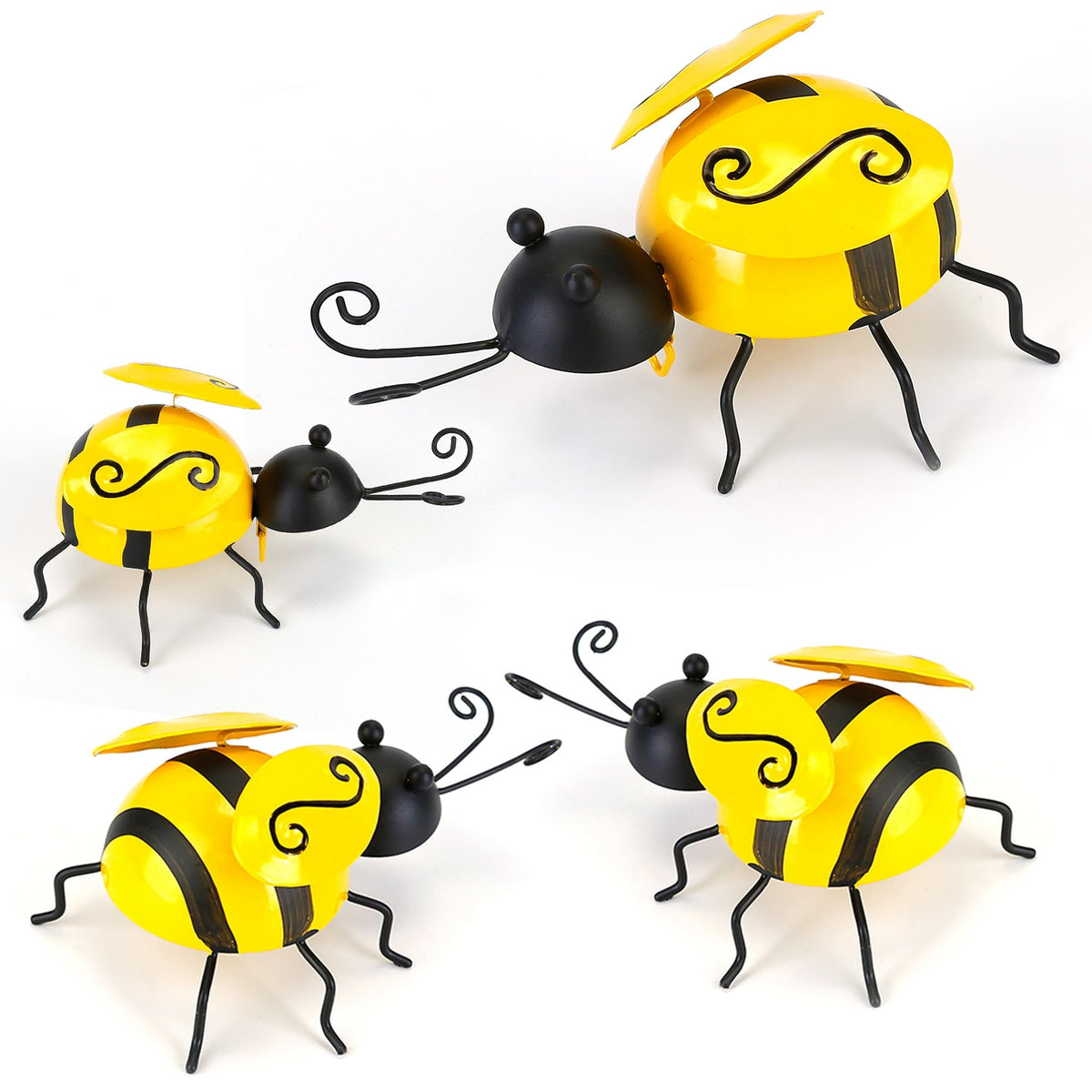 Set of four iron hanging bee ornaments, yellow with black stripes, curled antennae and legs