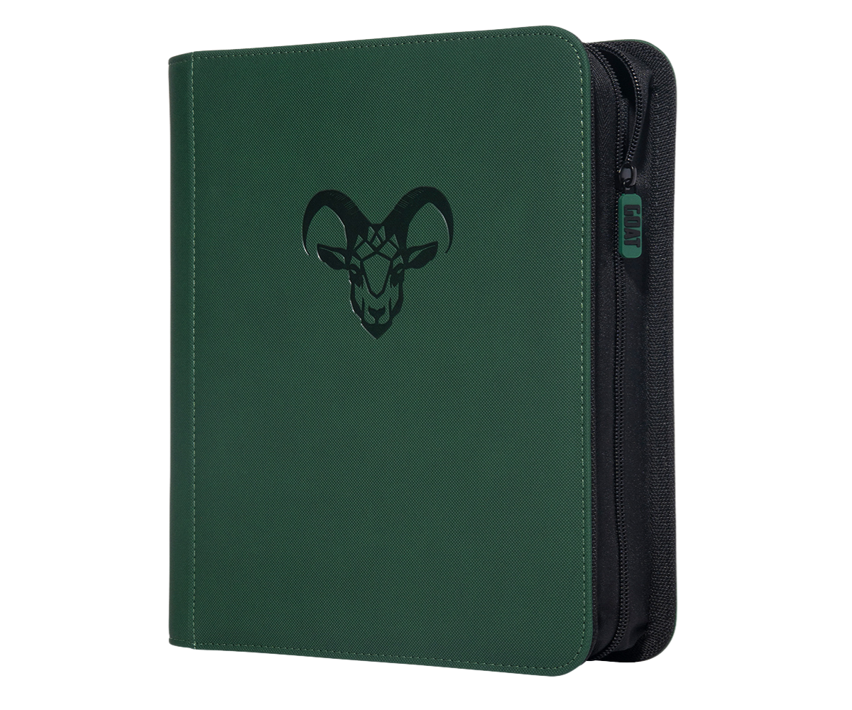 Four-pocket toploader binder in dark green with front emblem and side zipper