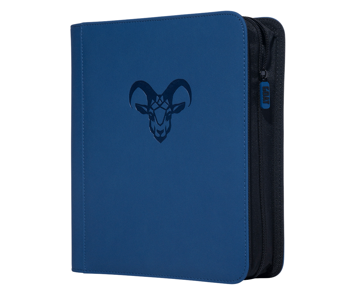 Blue toploader binder with 4 pockets, ram emblem, and zipper closure