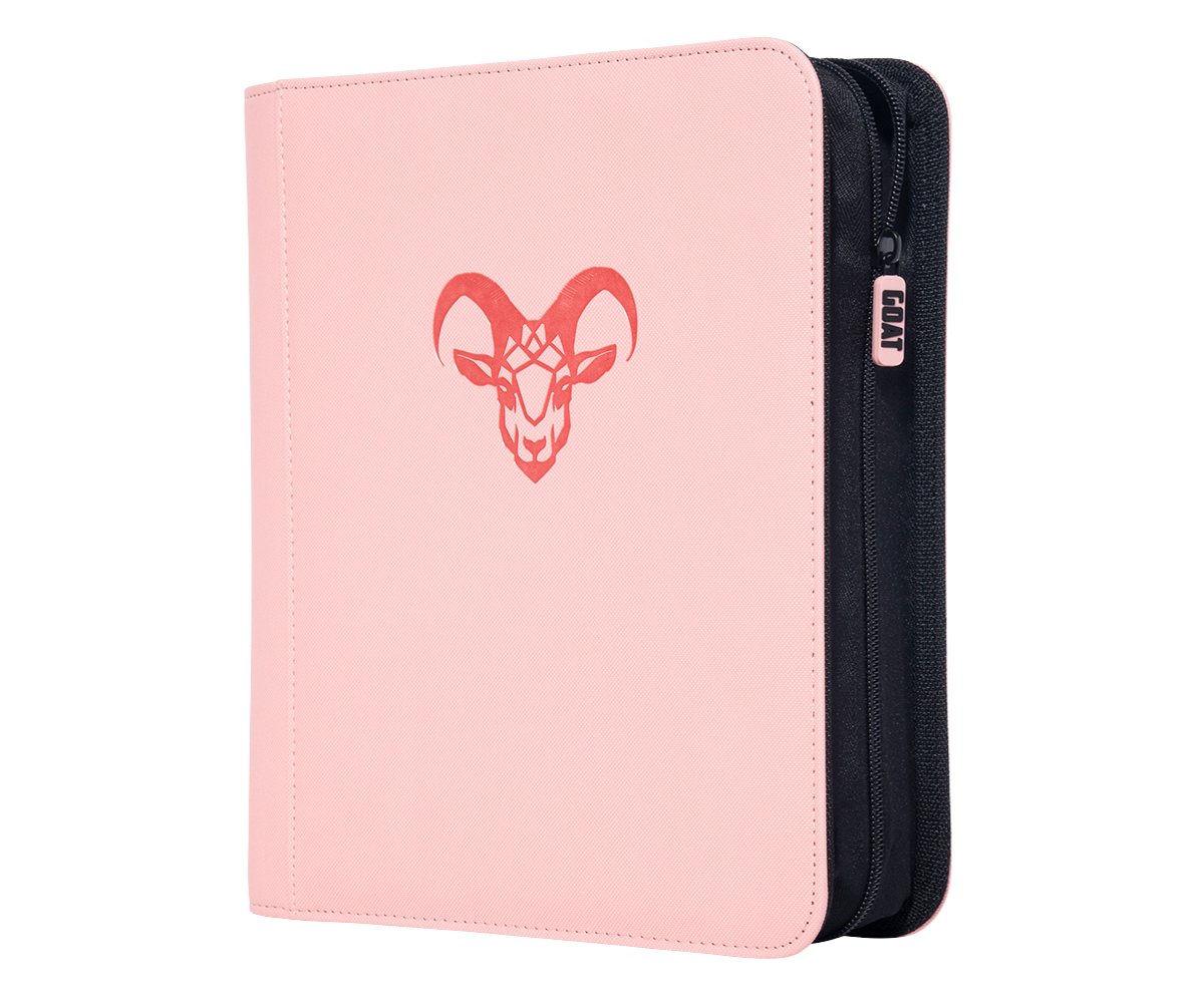 Four-pocket toploader binder in pale pink with front emblem