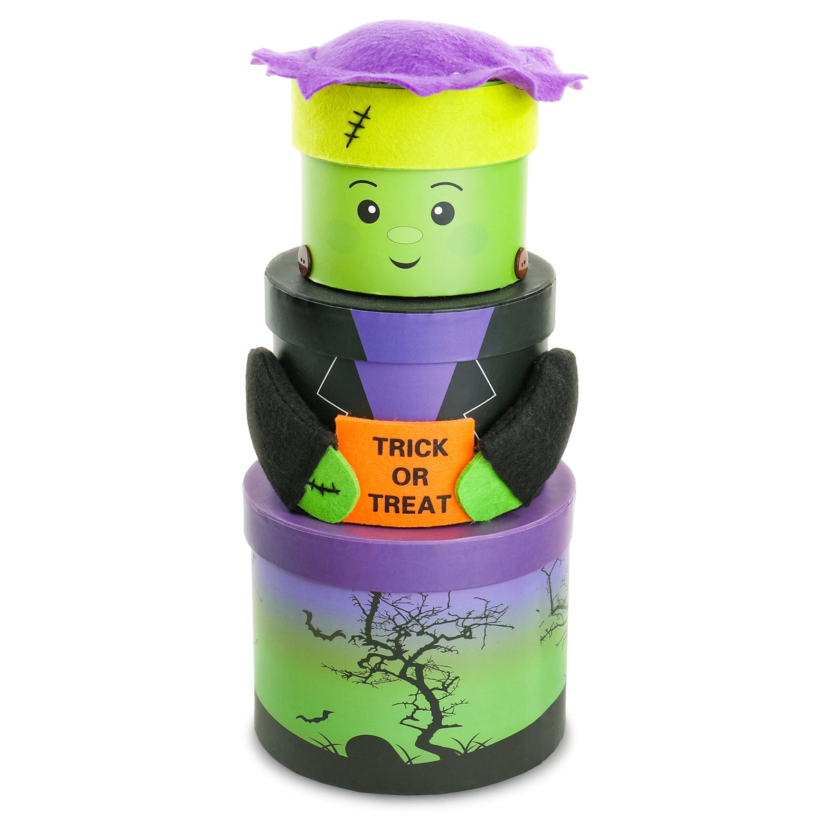 Stacked Halloween gift tower with green monster head, purple accents, and Trick or Treat sign