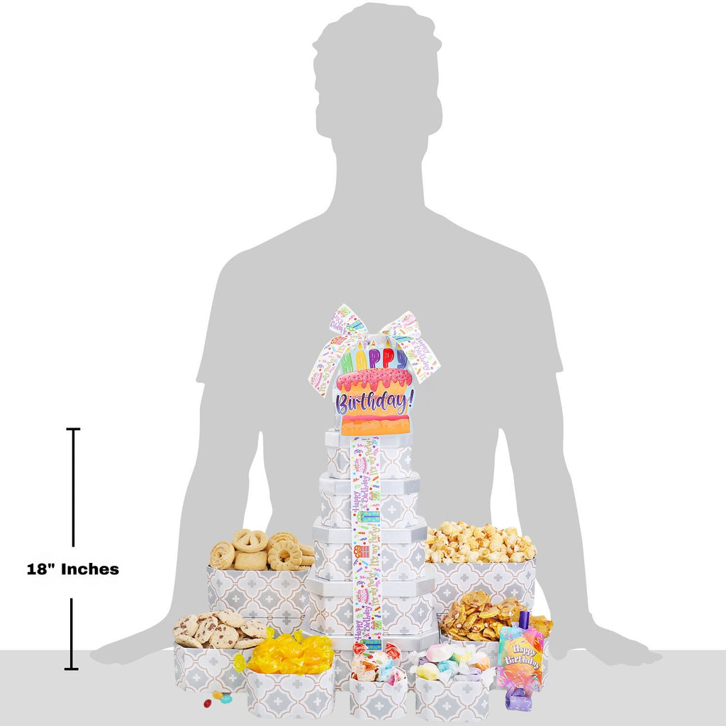 Birthday treat gift tower with gray patterned boxes; 18-inch height indicated on display