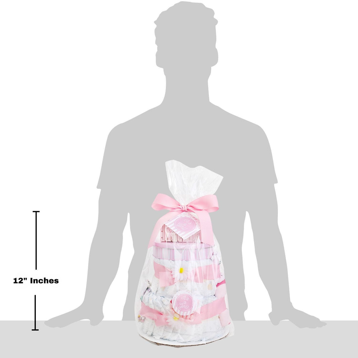 Diaper cake gift basket, 12 in tall, pink and white wrapped with ribbon