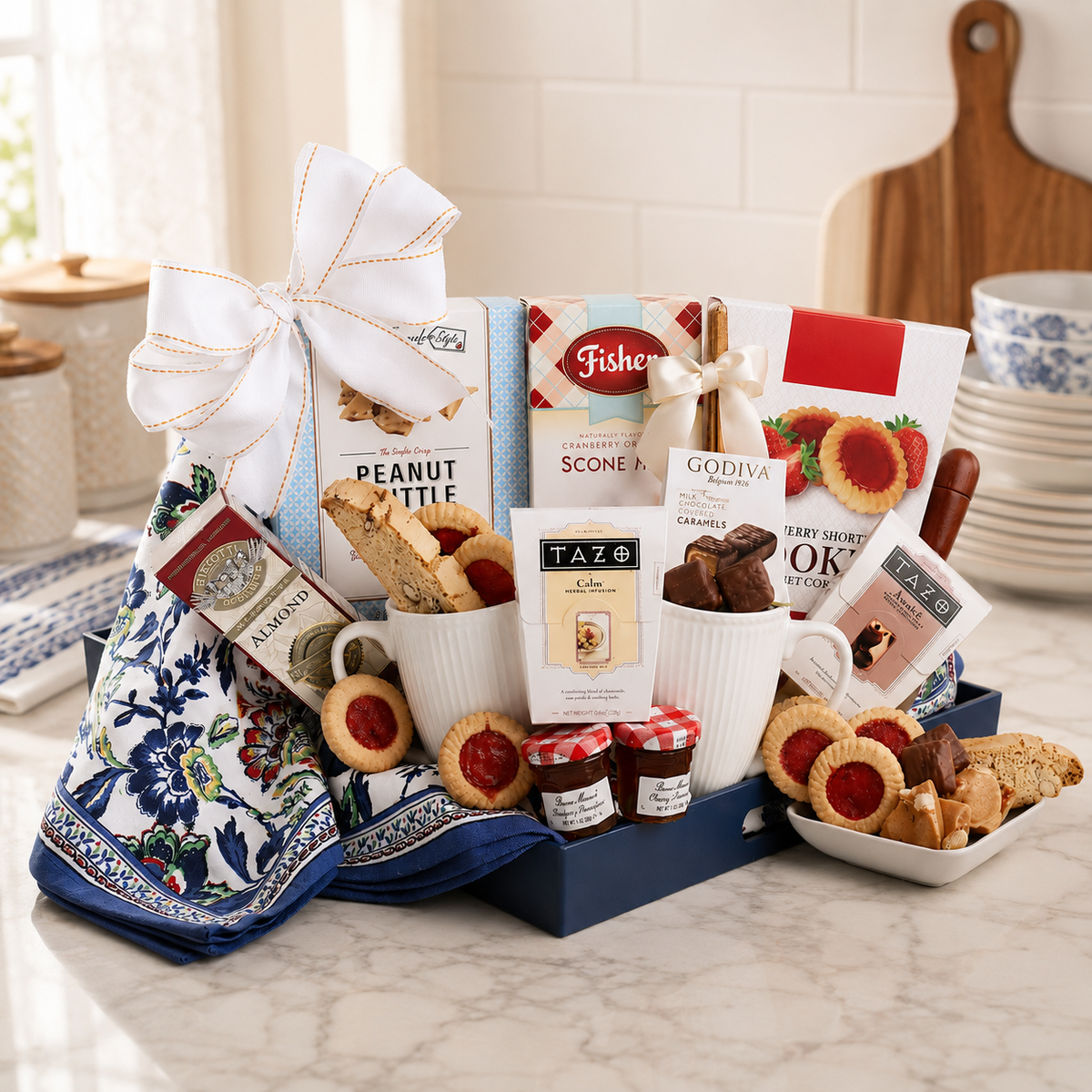 Breakfast gift basket with blue patterned towel, cookies and snacks, and white cups