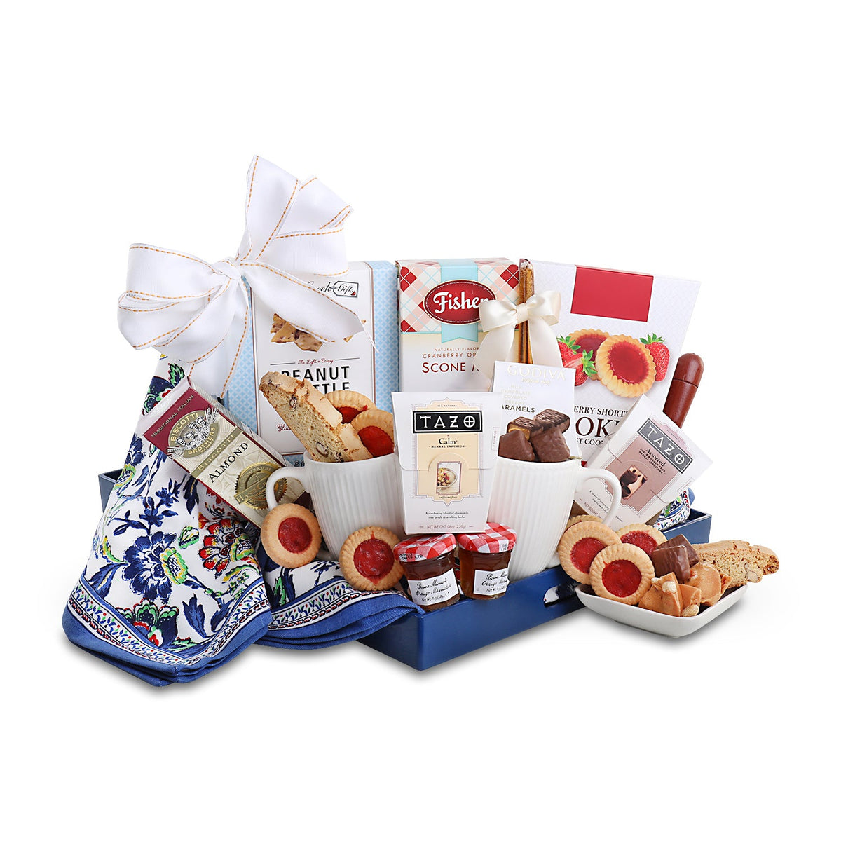Breakfast gift basket with blue tray, bow-tied blue towel, and assorted snack packs