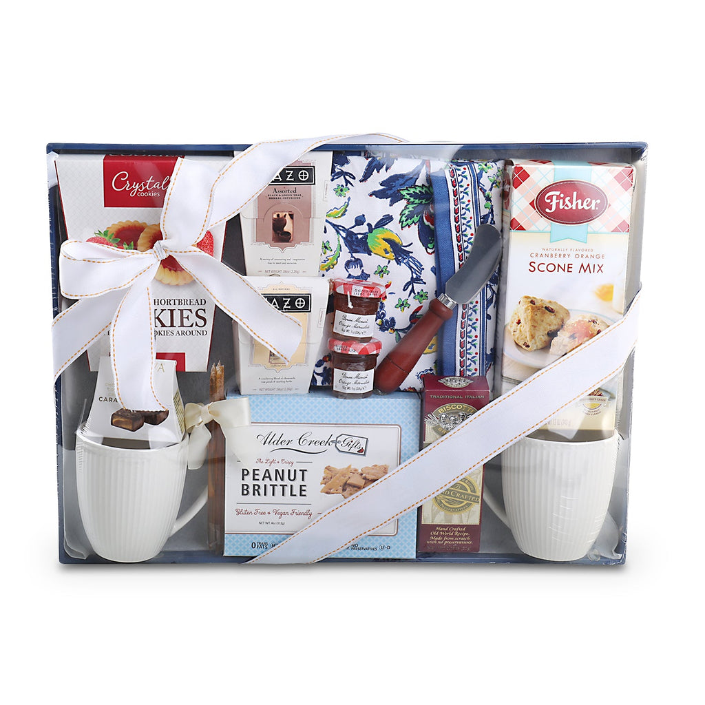 Rectangular gift box basket with blue-patterned items, cups, and bow-tied towel