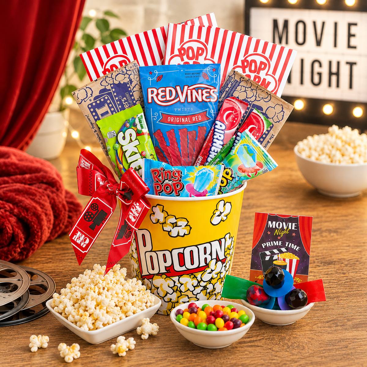 Movie night gift basket with popcorn, candy packs, and striped toppers in a yellow tub.