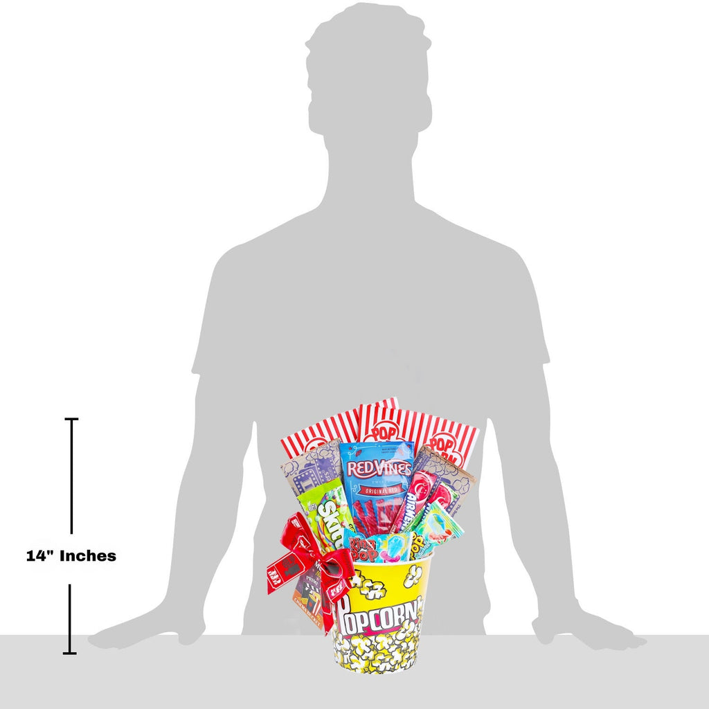 Popcorn gift basket shown for scale with a 14-inch height silhouette.