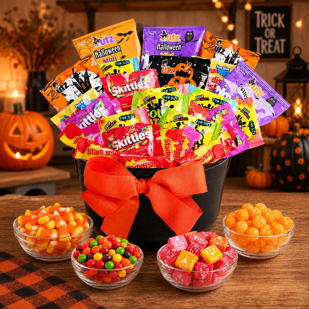 Halloween treat gift basket with assorted candy packs in black bucket, orange bow