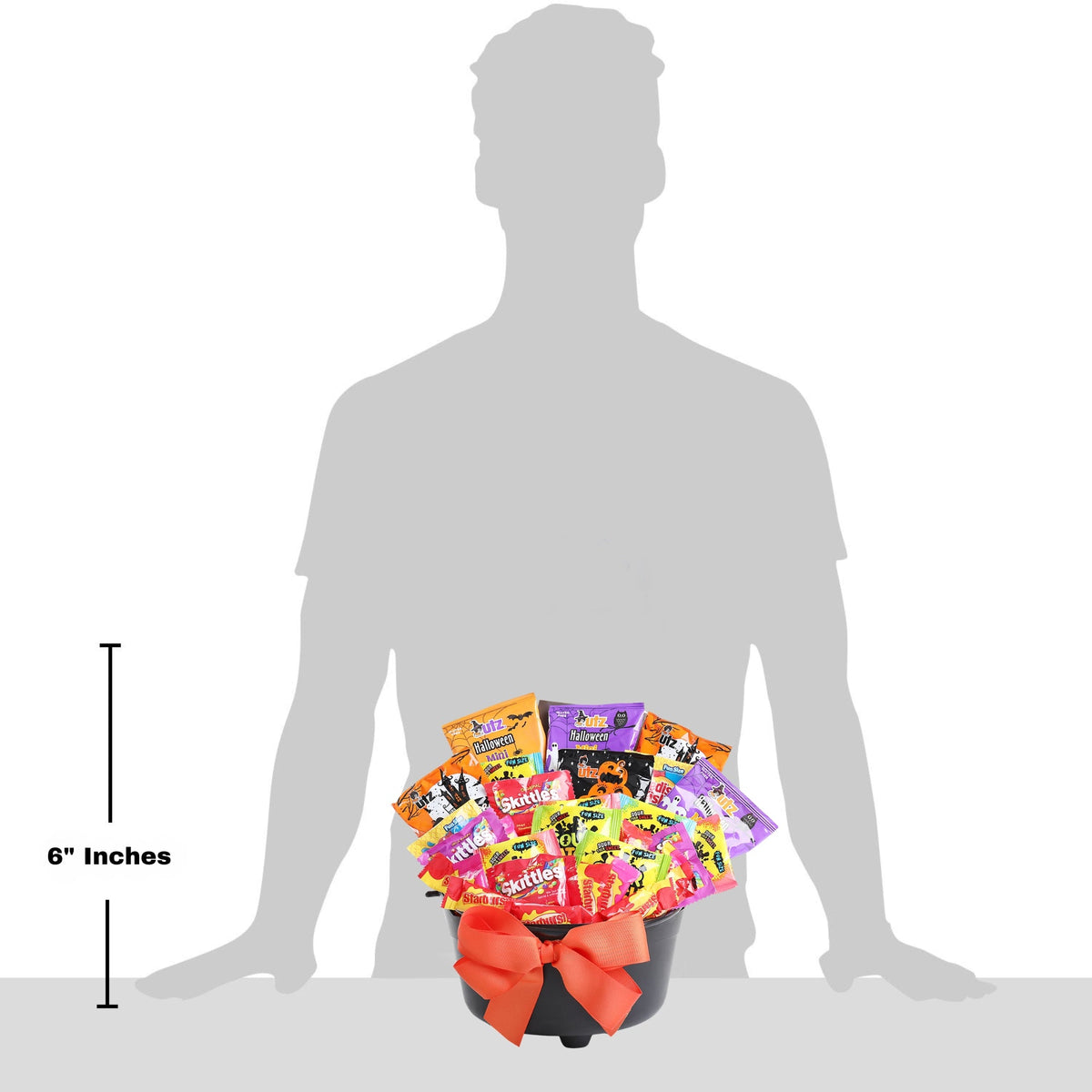 6-inch Halloween treat gift basket with assorted candy packs and orange bow on bucket