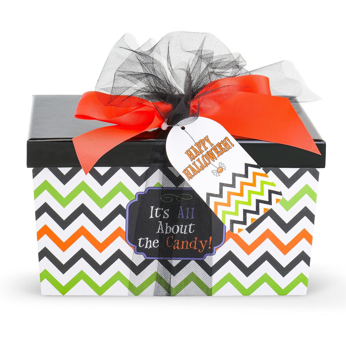 Halloween gift basket with orange ribbon bow and tag reading "It's All About the Candy"