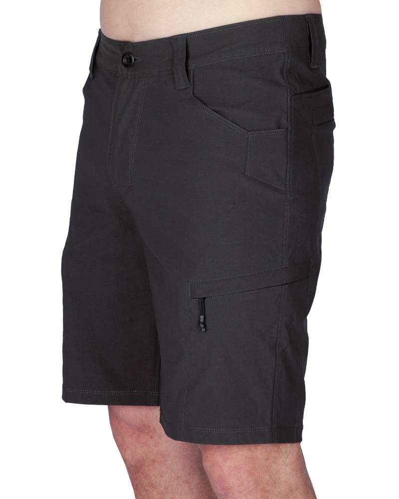 Men's black field shorts with back cargo pocket and zip detail
