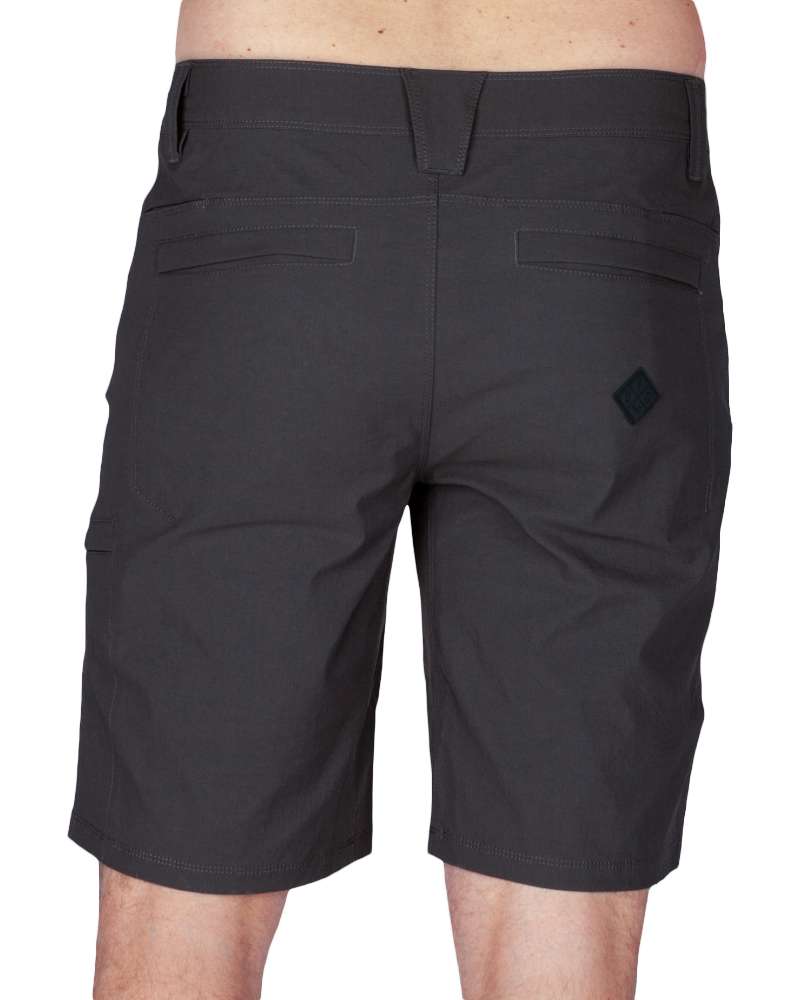 Men's black field shorts back view with welt pockets and logo