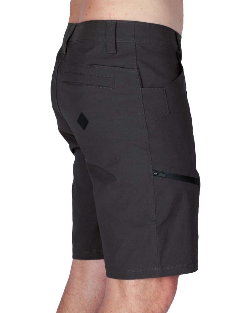 Men's black field shorts, rear view with cargo pocket and seam details