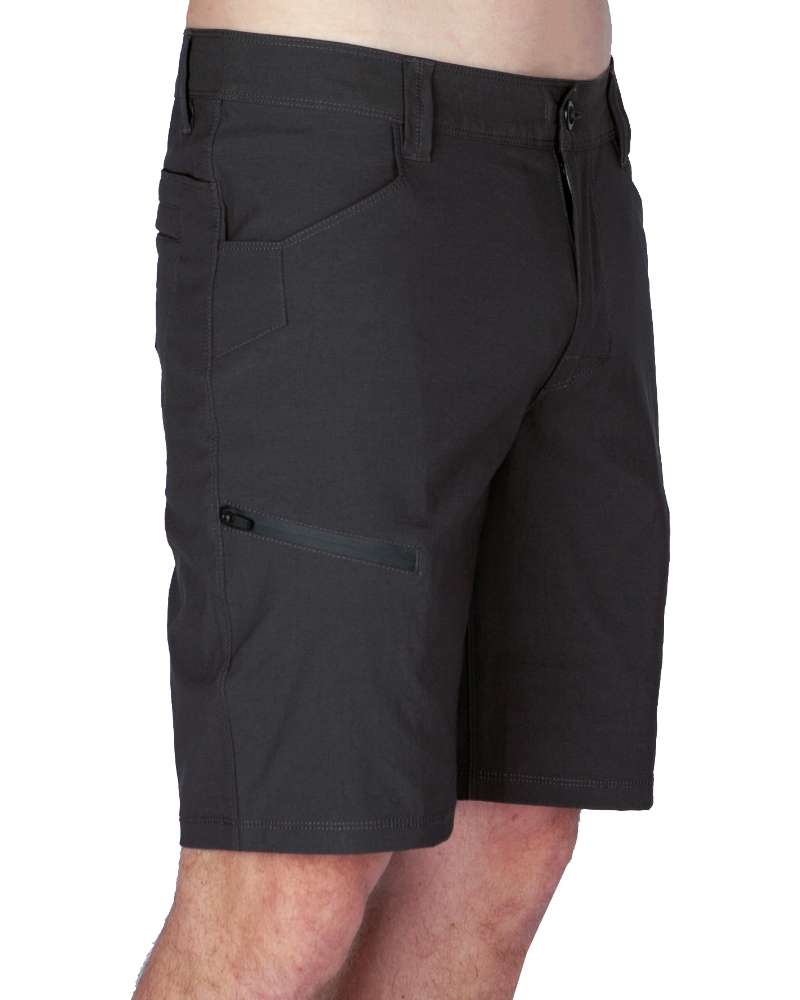Men's dark gray field shorts, side view with zipper pocket