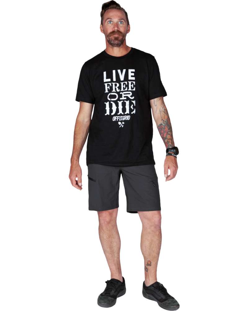 Men's dark gray field shorts on model, front view with pockets