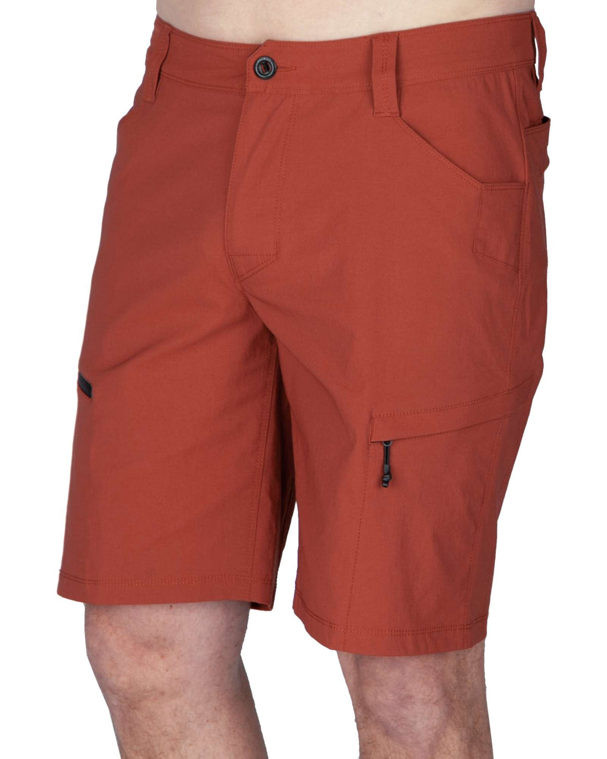 Men's terracotta field shorts with side cargo pocket and zipper