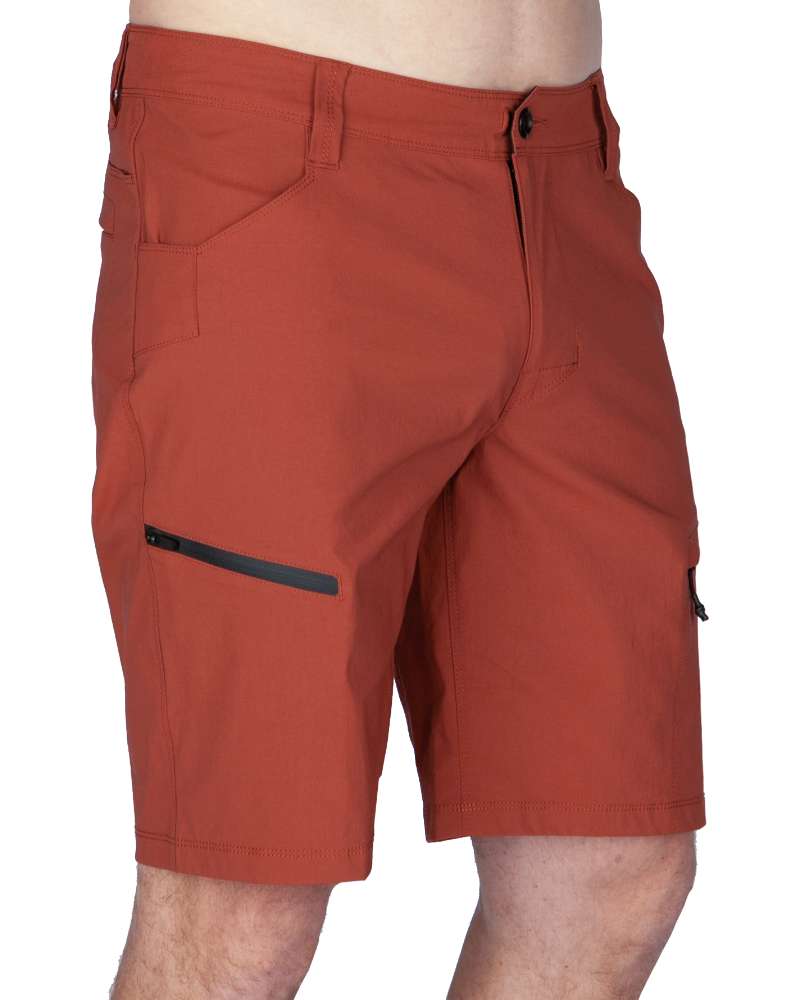 Men's field shorts 2.0, rust-red with zip pockets and belt loops.