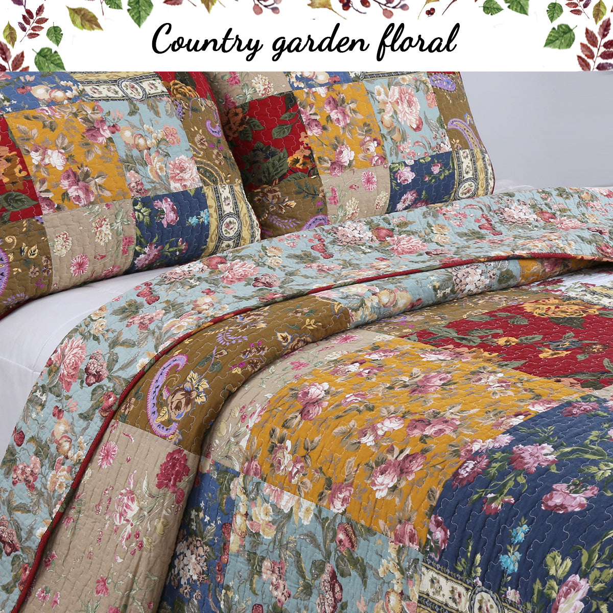 Reversible patchwork quilt bedding set with floral pillow shams and multicolor blocks
