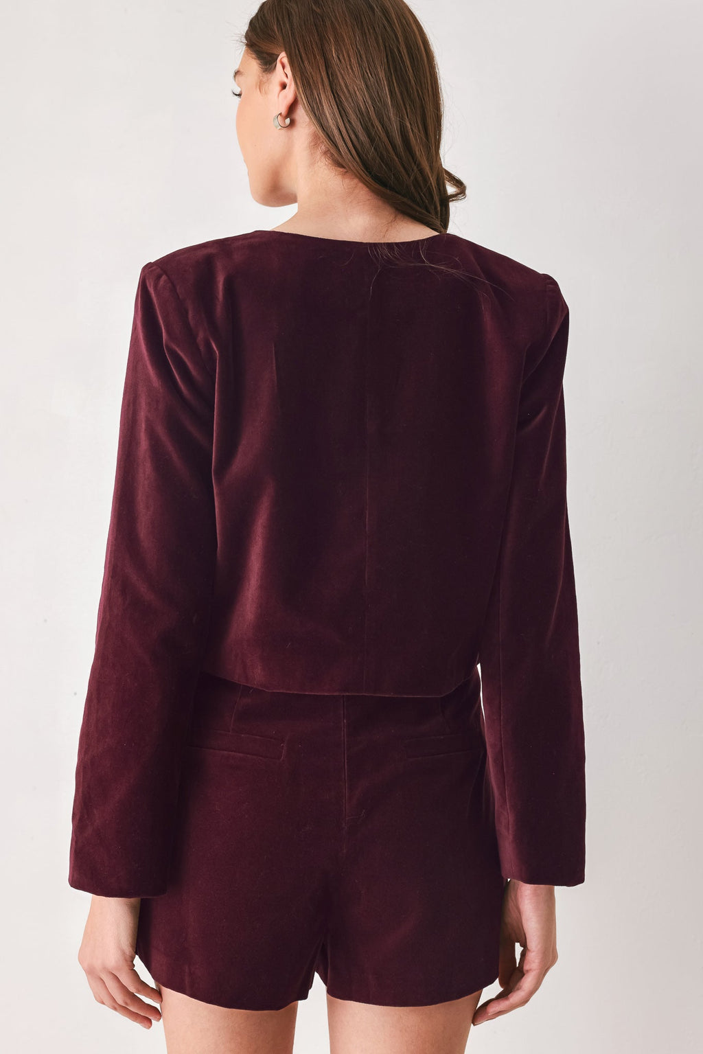 Burgundy velvet cropped jacket with back yoke and patch pockets