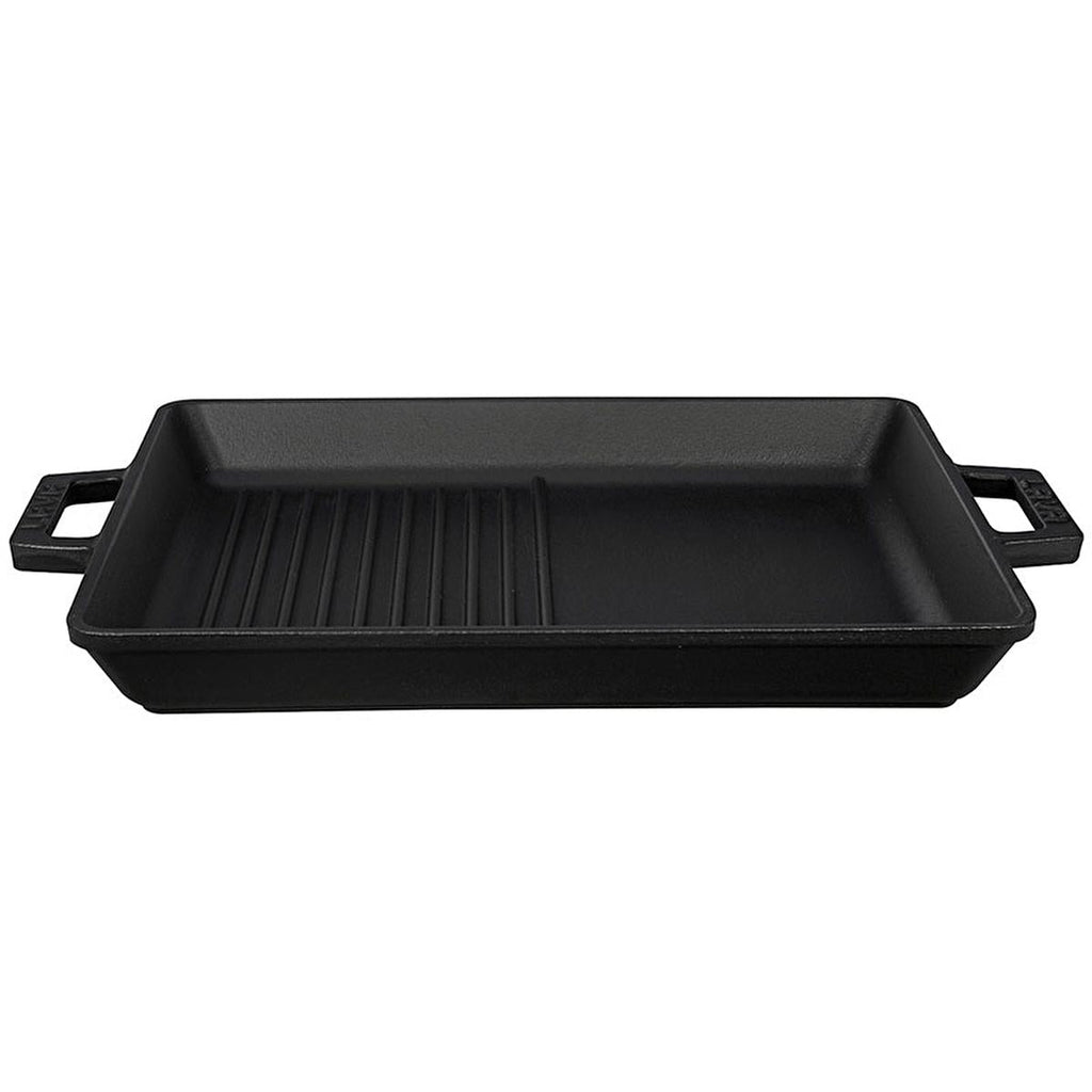 Rectangular cast iron grill pan with side handles, smooth cooking surface and ridges