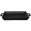 Rectangular cast iron grill pan with side handles, smooth cooking surface and ridges