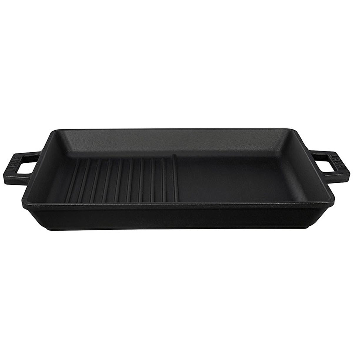 Rectangular cast iron grill pan with side handles, smooth cooking surface and ridges