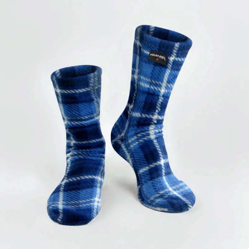 Blue plaid fleece crew socks, two-pack, stretchy knit cuffs.