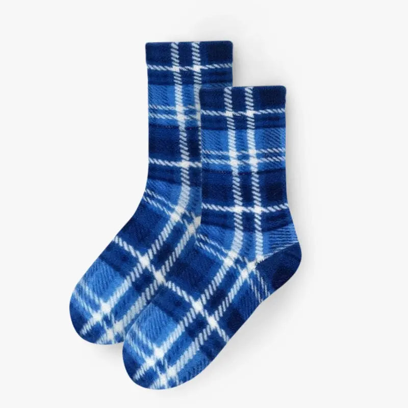 Pair of blue plaid fleece crew socks with cushioned toe and heel.