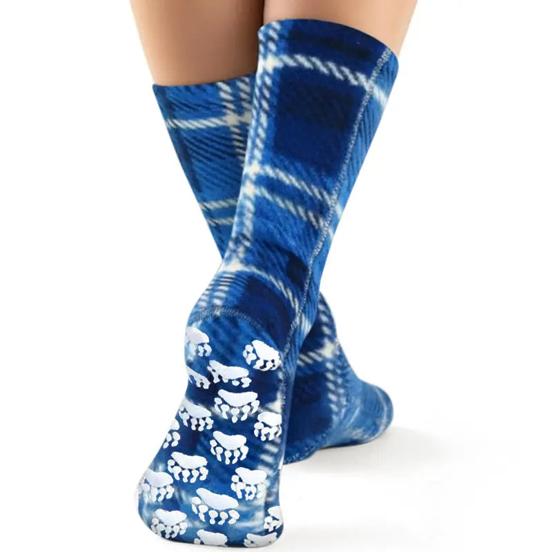 Blue plaid fleece crew socks featuring non-slip paw print sole.