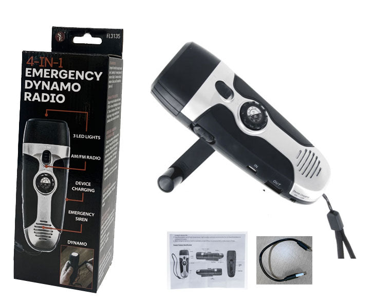 Hand-powered emergency radio phone charger with crank and flashlight body