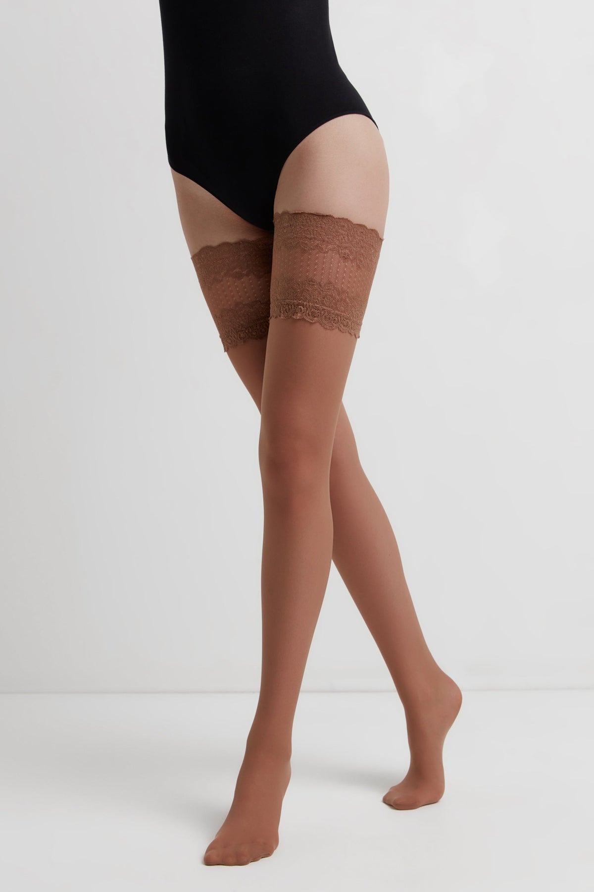 Bronze tan sheer stockings with lace top band