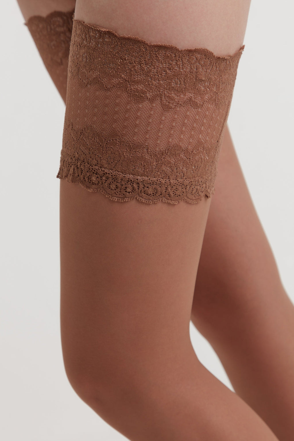 Bronze tan sheer stockings with lace top band