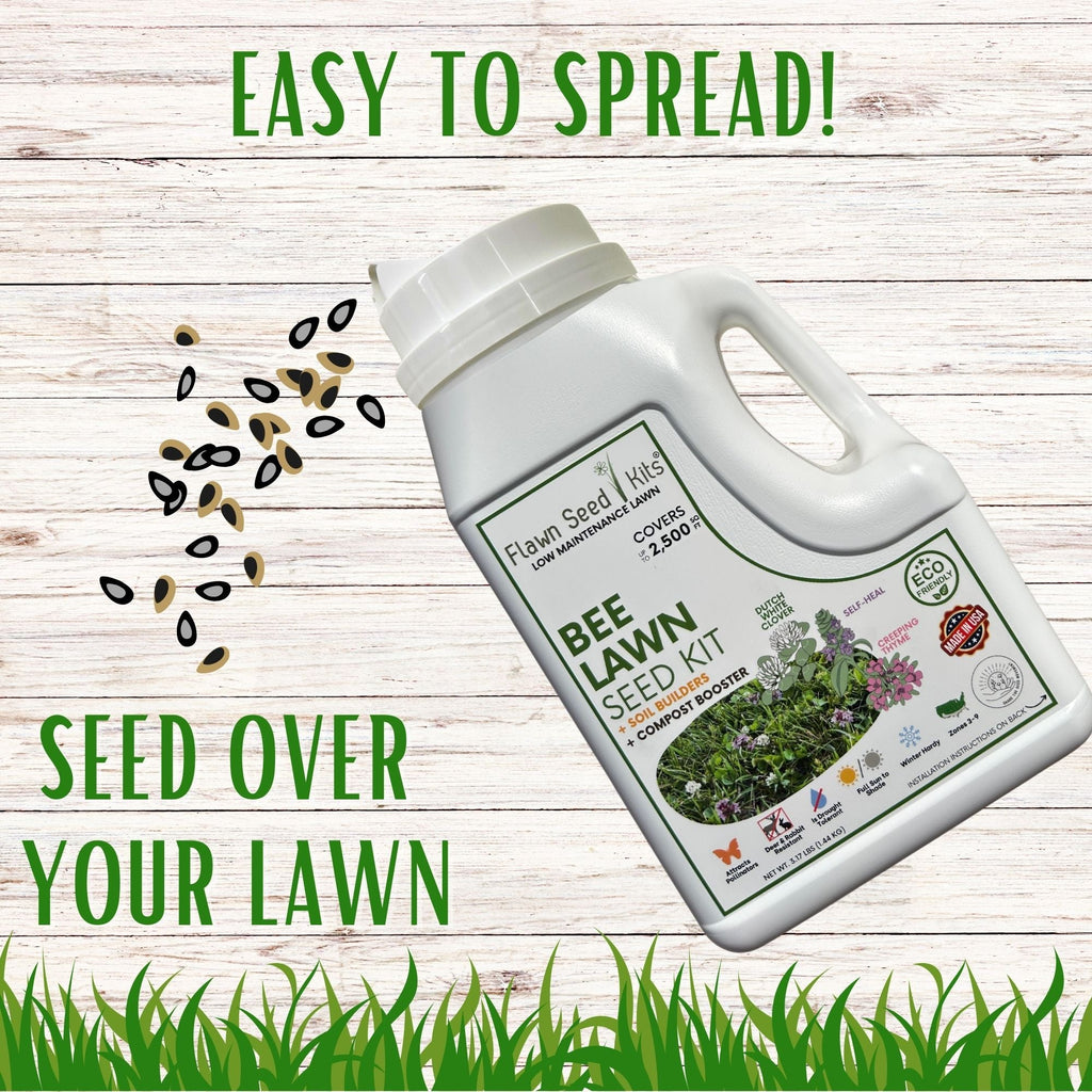 Bee lawn seed kit shaker container with seed-over-your-lawn sprout graphic