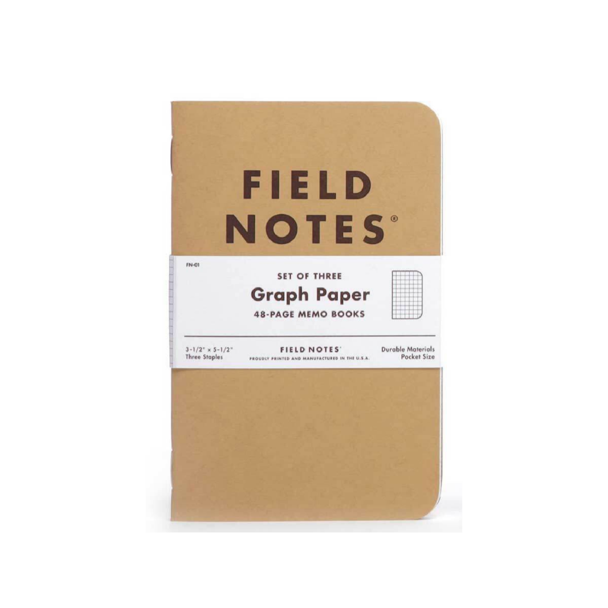 3-pack memo notebooks with graph paper, brown cover, front label with 48-page info