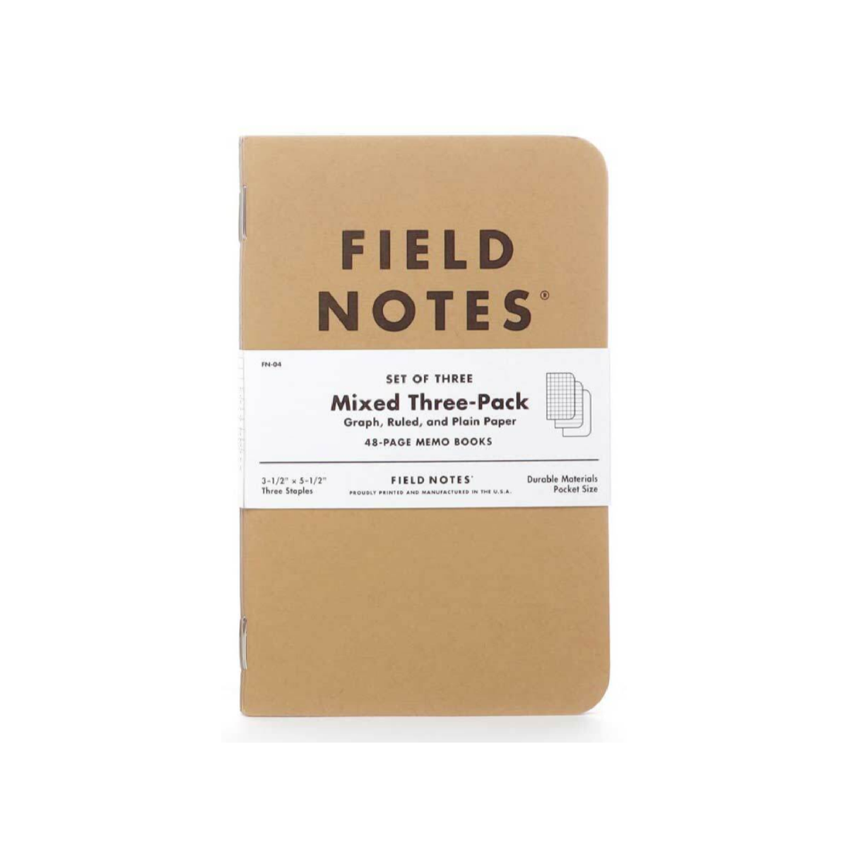 3-pack memo notebooks, mixed styles, brown kraft cover, 48-page set
